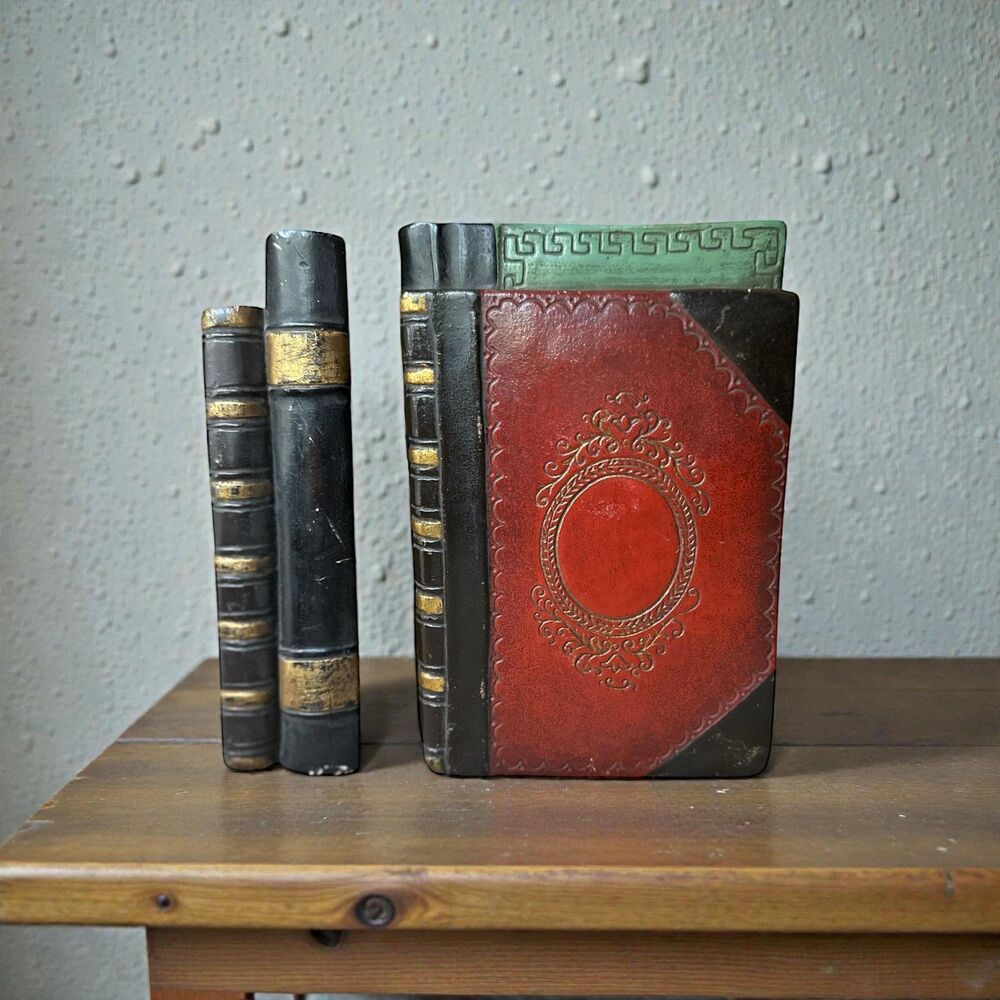 Vintage Borghese Bookends, Faux Leather Plaster Books, Hollywood Regency Decor